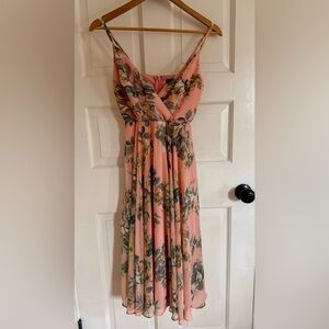 Lulus Loving Feelings Peach Floral Print Pleated Midi Dress, size XS.